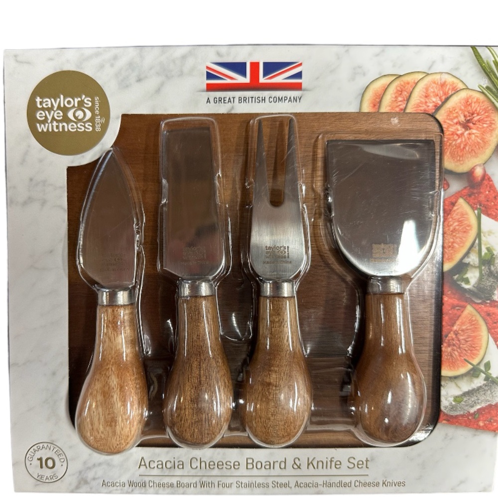 Acacia Wood Cheese Board & 4 Stainless Steel, Acacia Handled Cheese‎ Knives